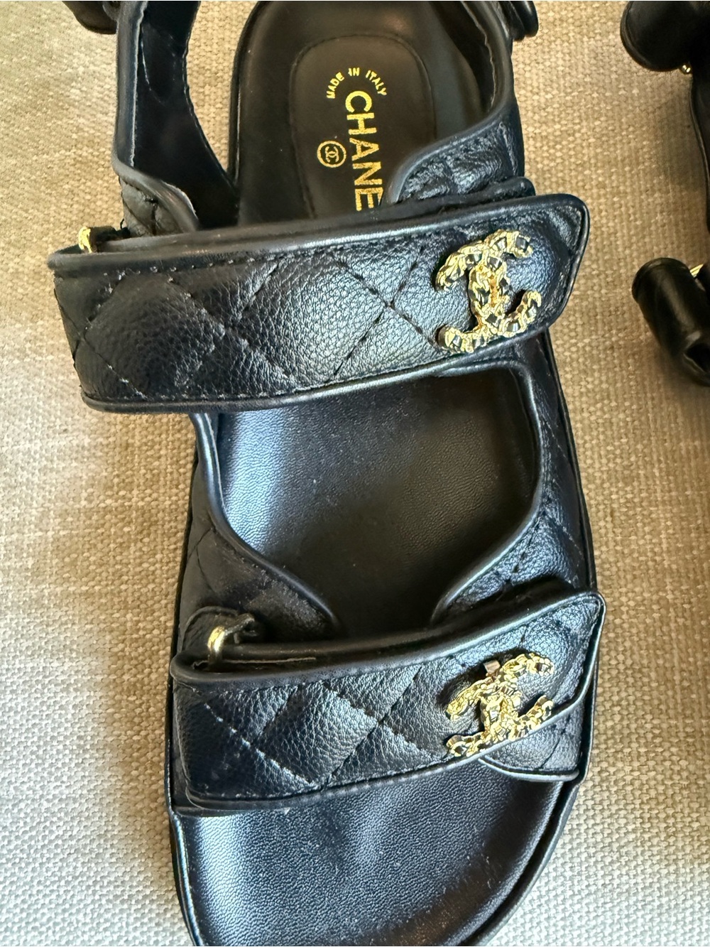 CHANEL Black Quilted Leather Sandal with Gold CC Logos - Picture 3 of 4